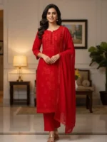 Red Color Chikankari Kurti Set With Dupatta